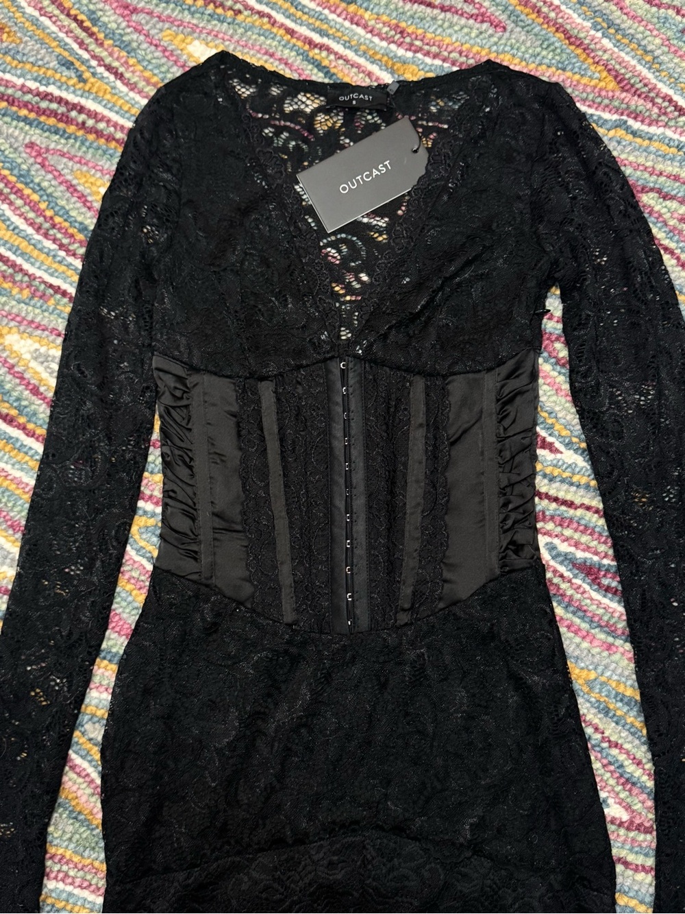 ▪️♟️Outcast Anita Mini Dress Corset Black Lace Long Sleeve Bodycon ♟️▪️ - Picture 5 of 15